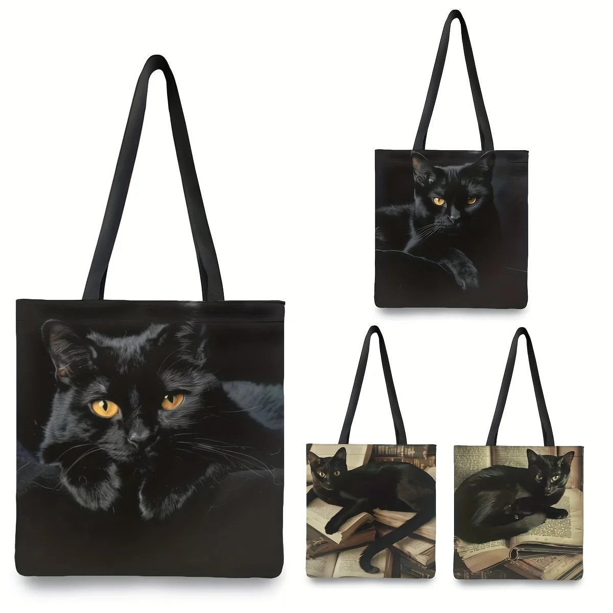 Chic Black Cat Pattern Shoulder Bag - Lightweight, Versatile Shopping & Storage Tote, 40X40cm