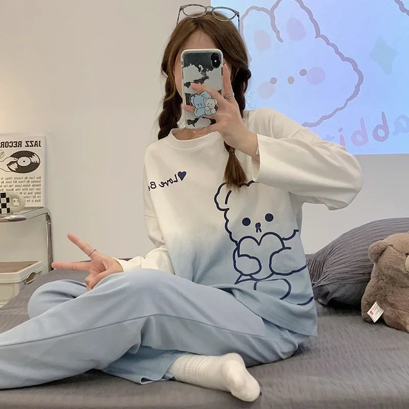Women's Fall Winter Pajamas Women's Long-sleeved Pants Leisure Suit Women's Homewear Combed Cotton Cute Cartoon Homewear Suit Ms