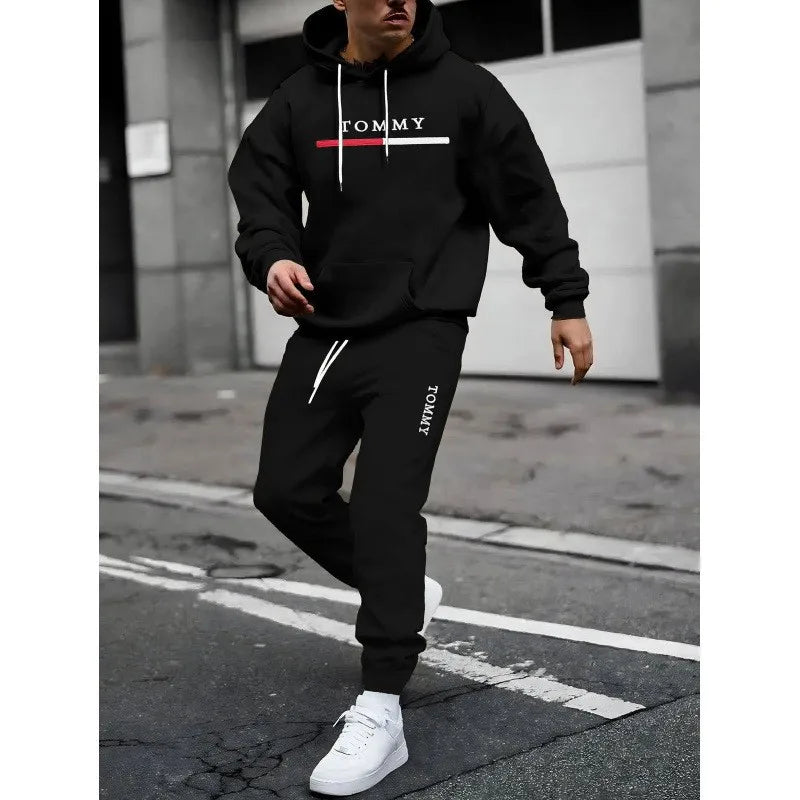 Fashionable cross-border winter new men's pullover hooded set, printed logo letters, loose-fitting hooded jacket