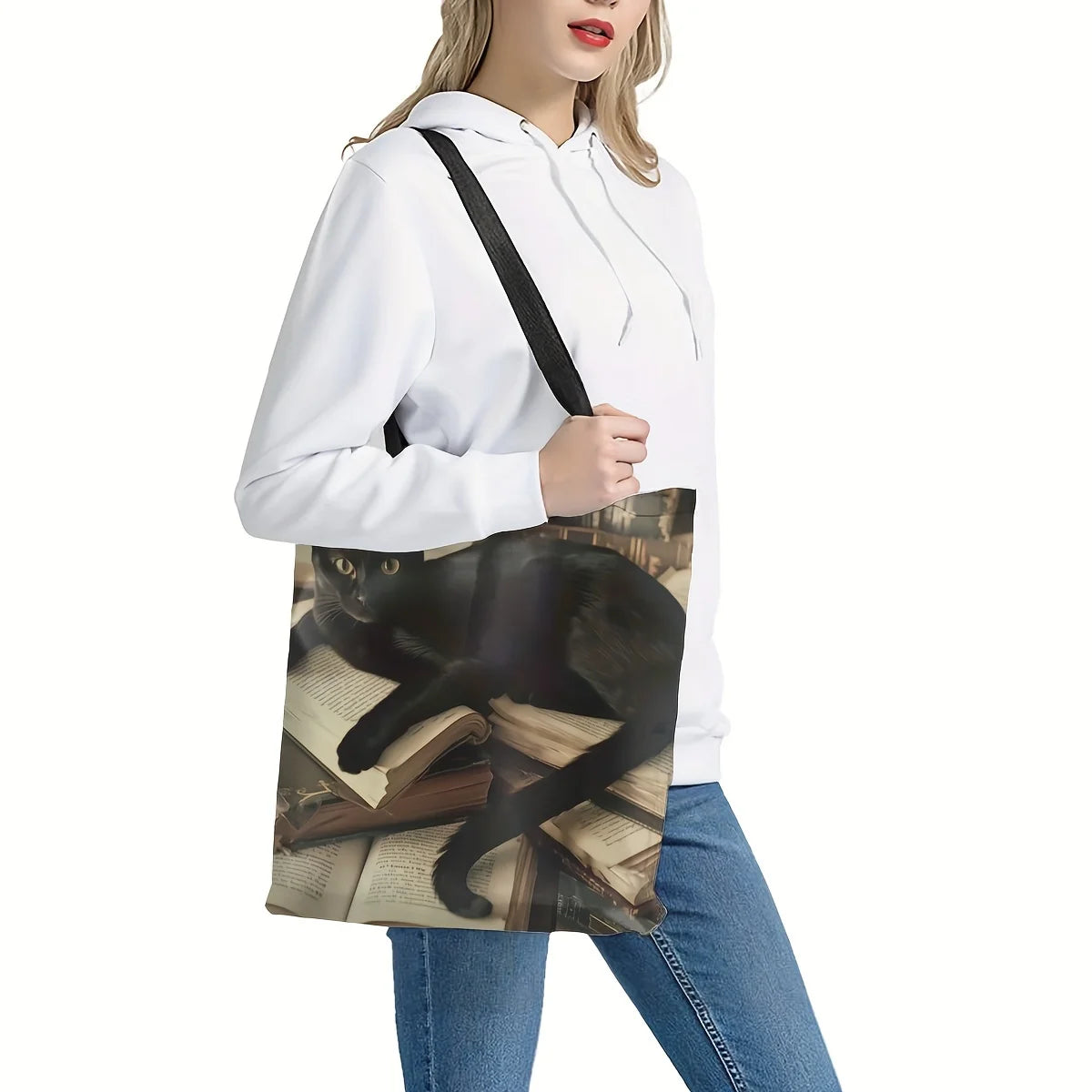 Chic Black Cat Pattern Shoulder Bag - Lightweight, Versatile Shopping & Storage Tote, 40X40cm