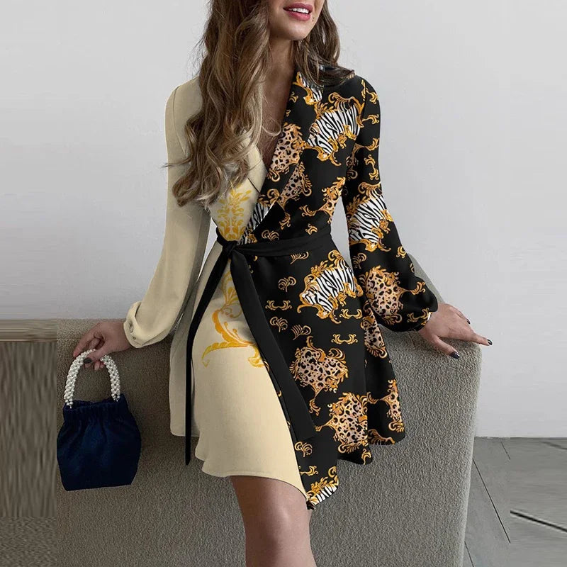 Elegant Floral Print Patchwork Party Dress Spring Women V-neck Belted Mini Dresses Office Lady A-line Dress Vestidos Cortos