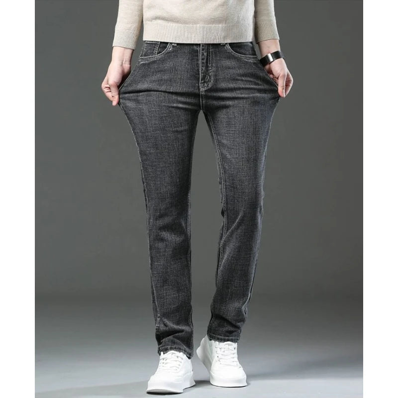 Autumn Winter Cotton Gray Mens Slim Fit Straight Jeans Business Casual Elastic All-match Fashion Pants Denim Trousers Male Brand