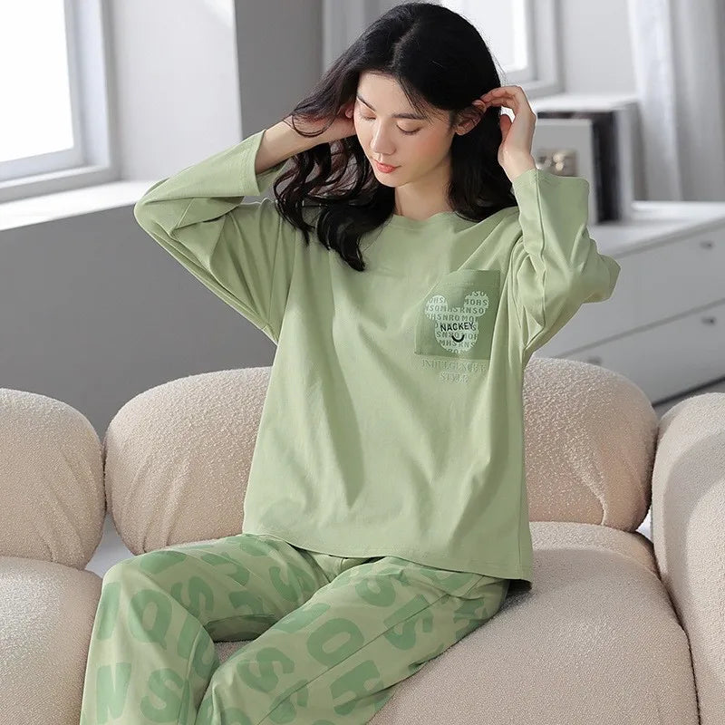 Women's Fall Winter Pajamas Women's Long-sleeved Pants Leisure Suit Women's Homewear Combed Cotton Cute Cartoon Homewear Suit Ms