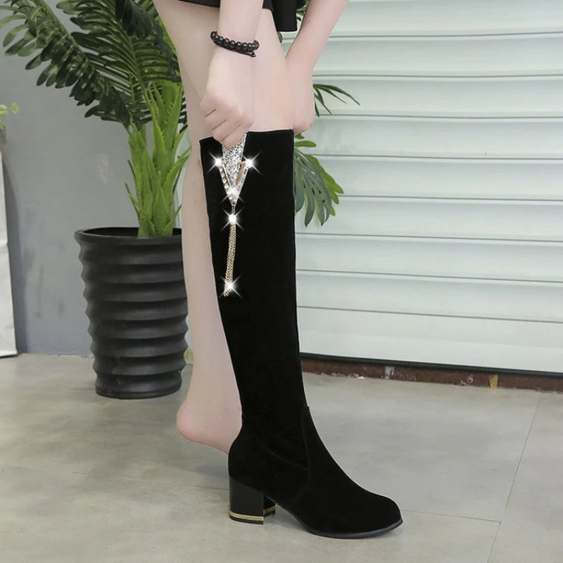 Heels Women's Boots Side Zippers  Women's Long Boots Thick Heels High Shoes for Women High Heels  Autumn Winter New