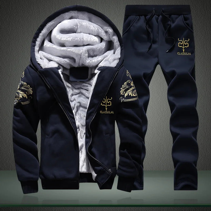 Autumn Winter Men's Sports Sets Casual Hooded Cardigan Jacket Outdoor Thick Warm Tracksuit Men Zip Up Hoodie+Pants Two-piece Set