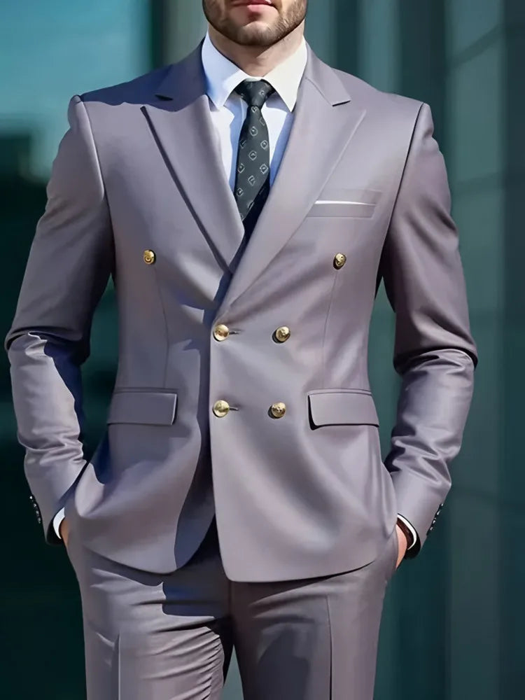 Fashion New Men's Leisure Boutique Business Banquet Solid Color Wedding Double Breasted Slim Fit Suit Blazers Jacket Pants