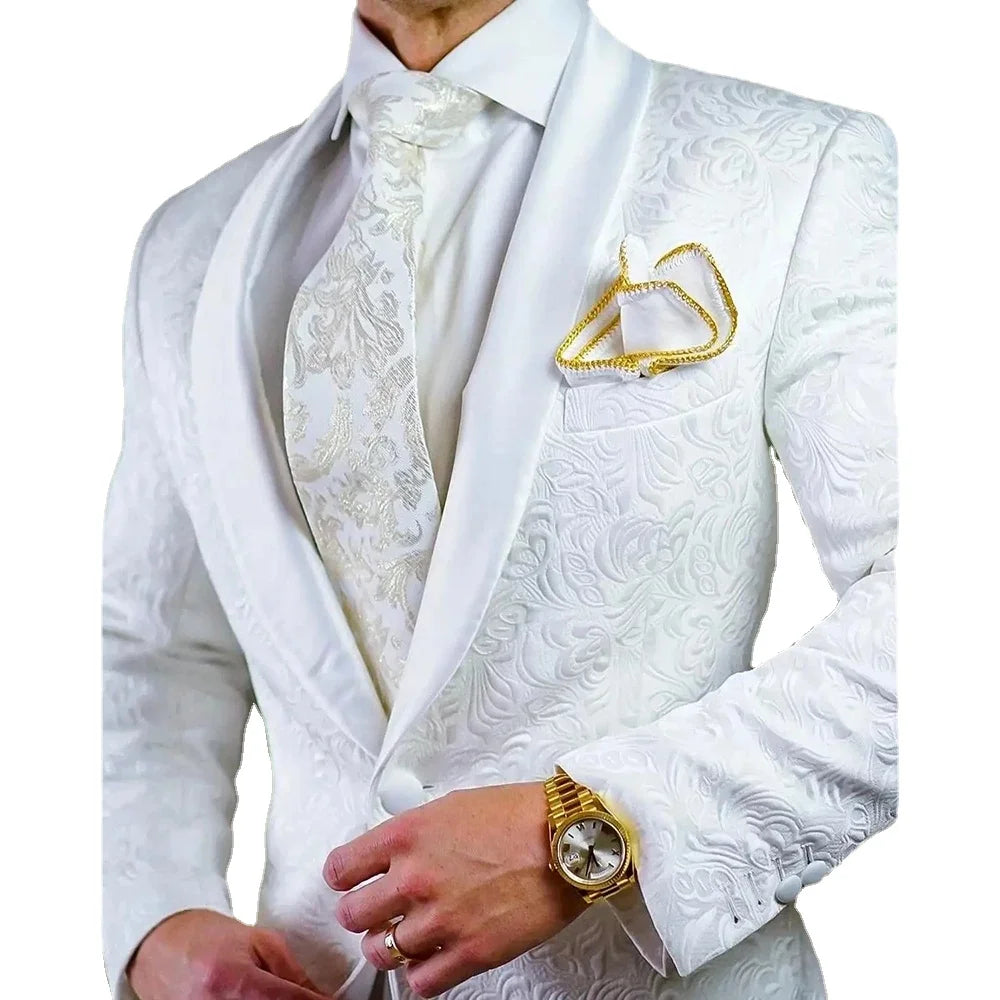 Handsome Men Suits White Jacquard One Button Shawl Lapel Slim Fit Blazer Elegant Business Prom Party 2 Piece Jacket Pants Sets