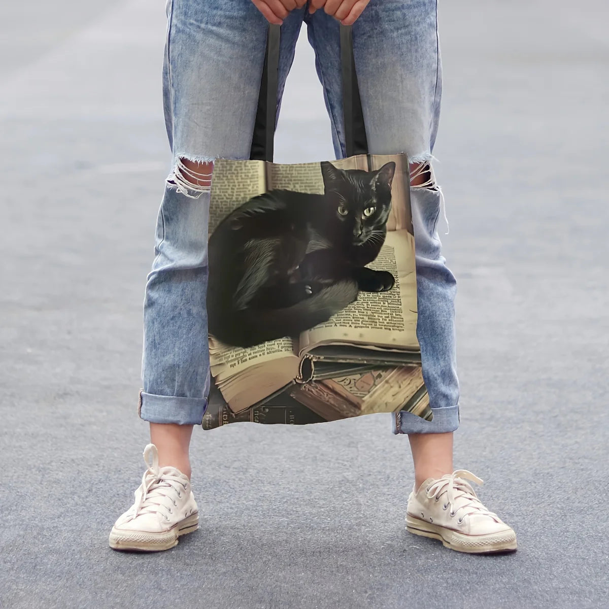 Chic Black Cat Pattern Shoulder Bag - Lightweight, Versatile Shopping & Storage Tote, 40X40cm