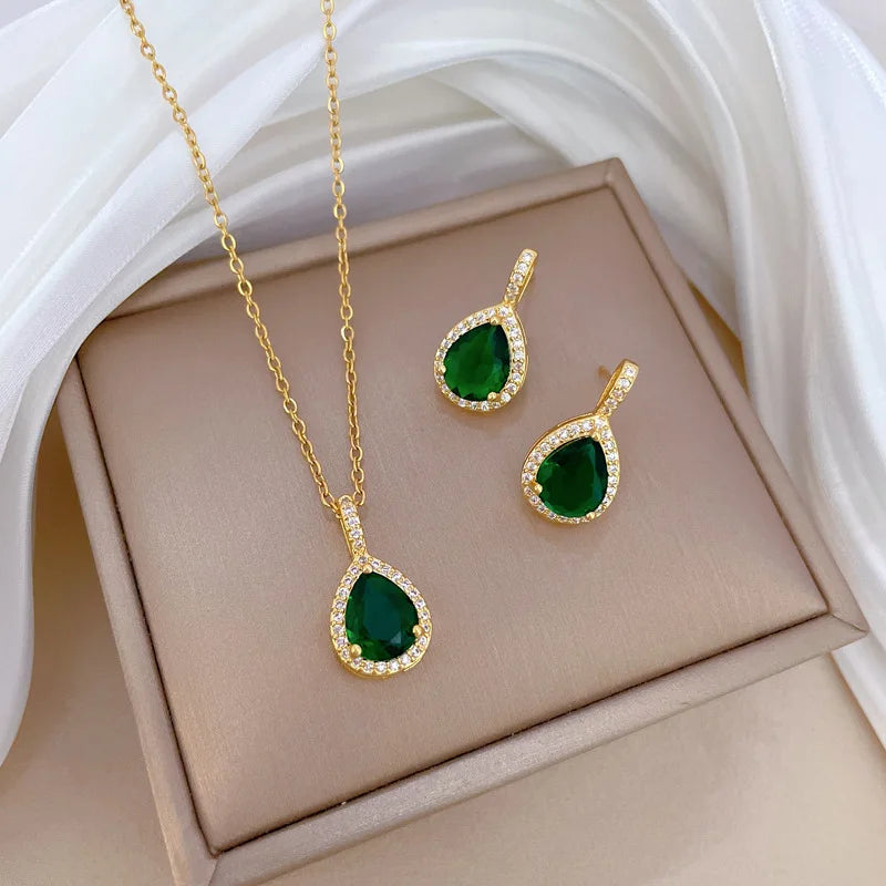 Luxury Water Drop with Green Stone Pendant Necklace Earrings Set for Women Trend Crystal Stainless Steel Jewelry Sets Party Gift