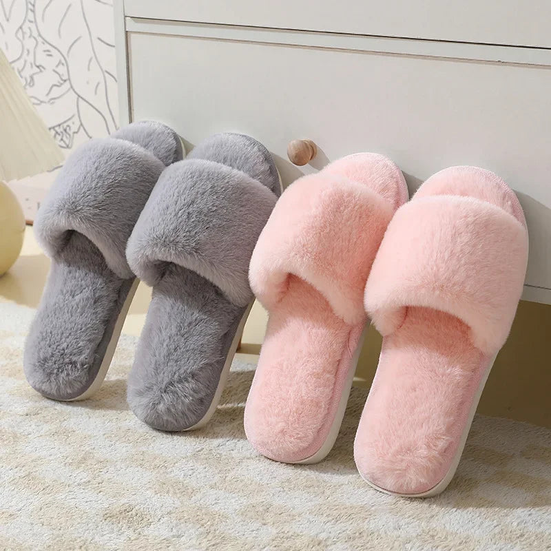 Women's Winter Open Toe House Slippers Fluffy Faux Fur Cross Strap Plush Slides Woman Solid Color Cozy Non Slip Indoor Slippers