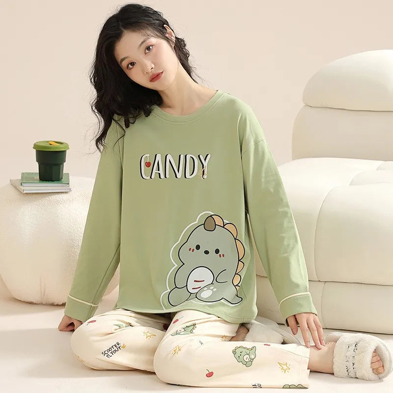 Women's Fall Winter Pajamas Women's Long-sleeved Pants Leisure Suit Women's Homewear Combed Cotton Cute Cartoon Homewear Suit Ms