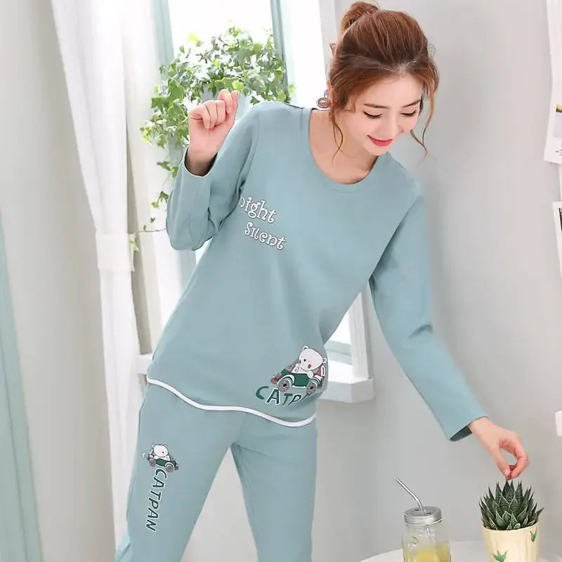 Autumn Thin 2pieces Pyjamas Set Women Round Neck Girls Bear Pajamas Sets Teacup Cat Full Sleepwear Tops lovers Pajama Mujer