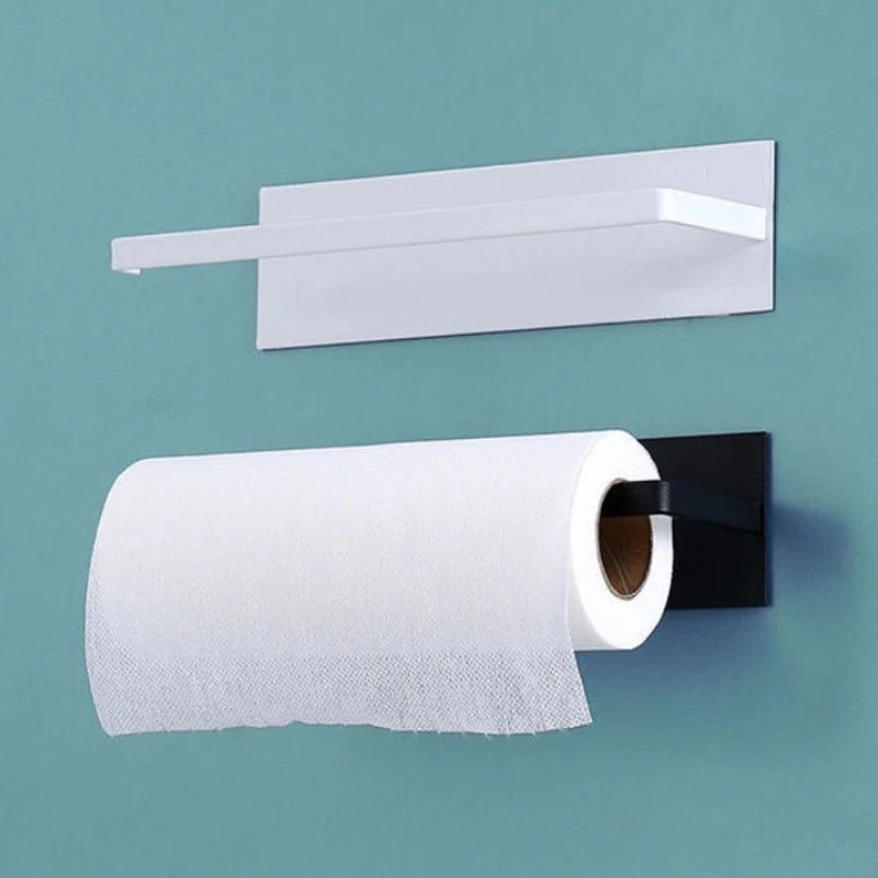 No Drill Adhesive Kitchen Carbon Steel Paper Towel Holder Household Roll Paper Hanger Plastic Wrap Rag Storage Rack
