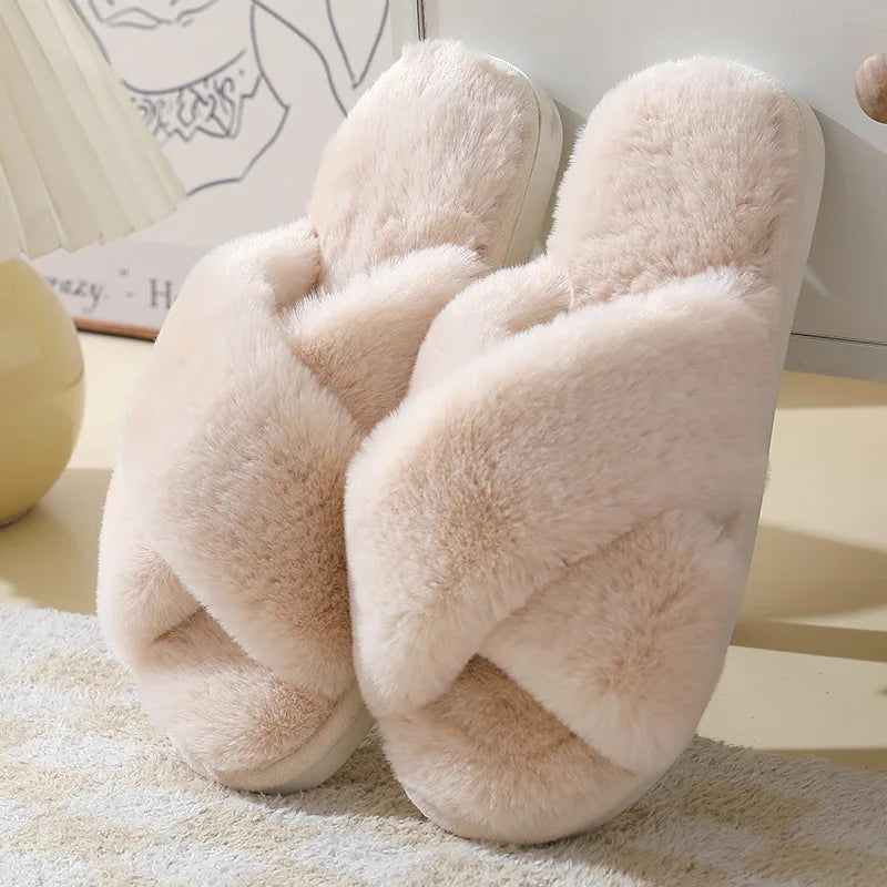 Women's Winter Open Toe House Slippers Fluffy Faux Fur Cross Strap Plush Slides Woman Solid Color Cozy Non Slip Indoor Slippers