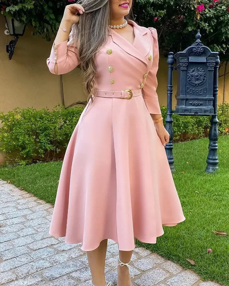 Dress for Women Autumn Fashion Versatile Casual Solid Button Long Lapel Pleated Strap Waistband Pullover Dresses Streetwear