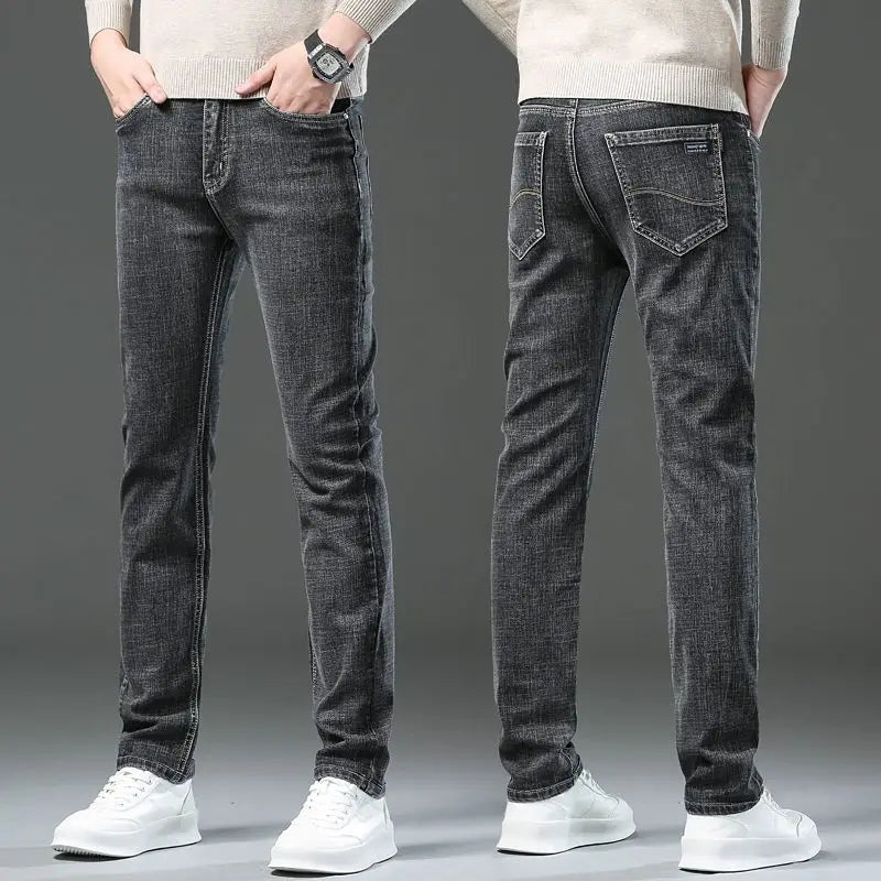 Autumn Winter Cotton Gray Mens Slim Fit Straight Jeans Business Casual Elastic All-match Fashion Pants Denim Trousers Male Brand