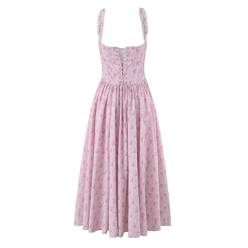 Elegant Women Pink Floral Print Sling Midi Long Dress Sexy Low Waist O Neck A-line Summer Dresses Chic Lady Vacation Party Robe