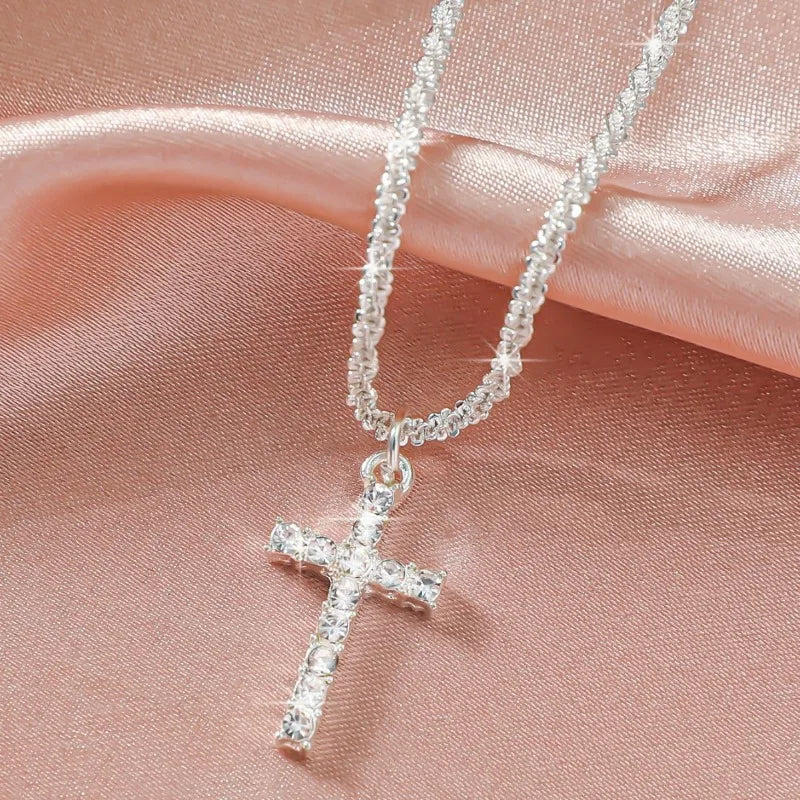 Sparkling 925 Sterling Silver Gypsophila Necklace Bracelet Set For Women Luxury Zircon Cross Pendant Three Piece Jewelry Set