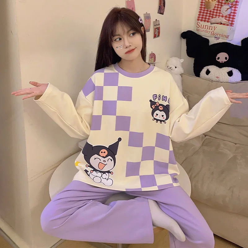 Women's Fall Winter Pajamas Women's Long-sleeved Pants Leisure Suit Women's Homewear Combed Cotton Cute Cartoon Homewear Suit Ms