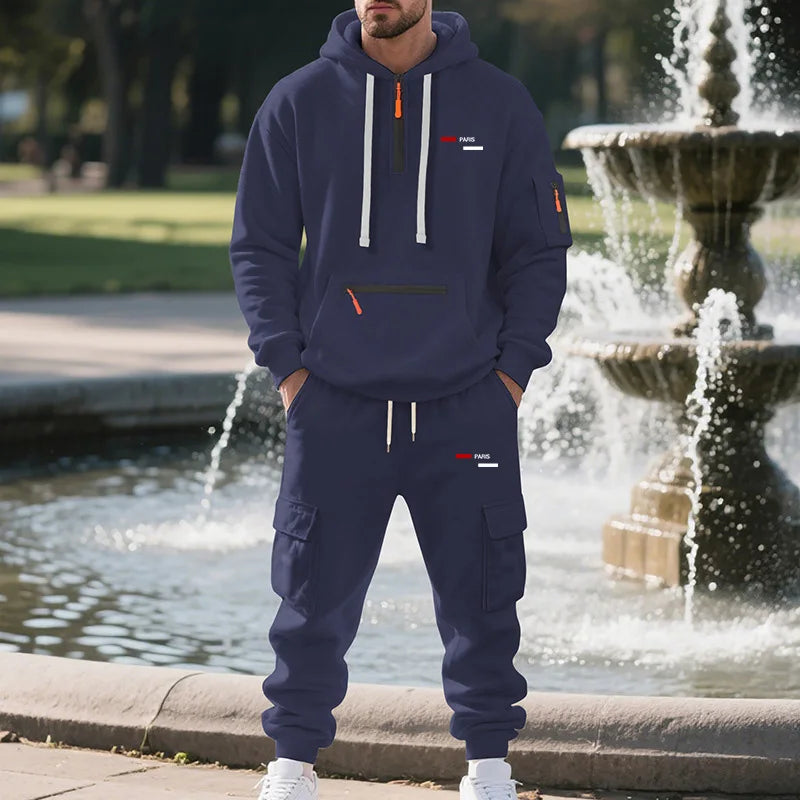 Winter men's fleece hooded sweatshirt, loose casual sports workwear jacket, half zip sweatshirt, couple style fashionable sports