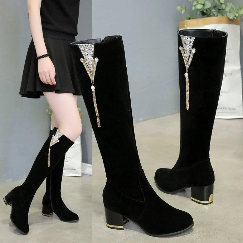 Heels Women's Boots Side Zippers  Women's Long Boots Thick Heels High Shoes for Women High Heels  Autumn Winter New