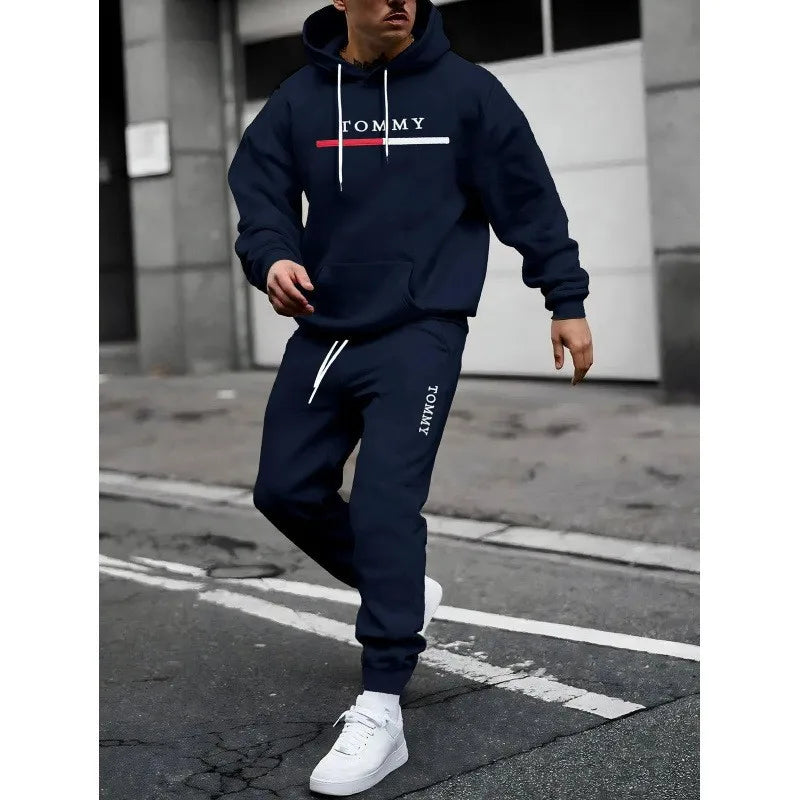 Fashionable cross-border winter new men's pullover hooded set, printed logo letters, loose-fitting hooded jacket
