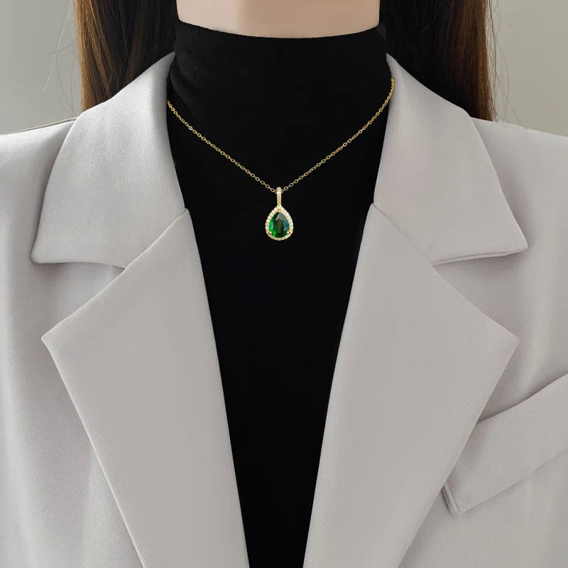 Luxury Water Drop with Green Stone Pendant Necklace Earrings Set for Women Trend Crystal Stainless Steel Jewelry Sets Party Gift