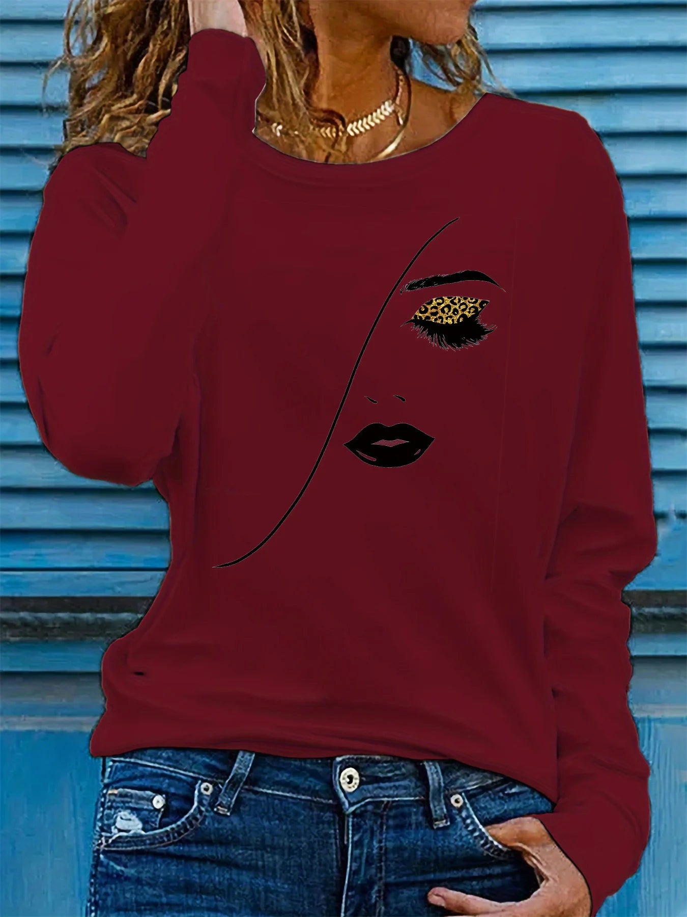100% pure cotton women's spring and autumn comfortable casual long sleeved portrait print round neck T-shirt