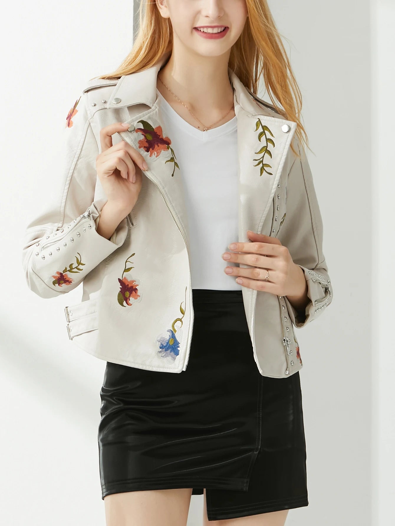 Women  Rivet Floral Embroidery Coat Lady Moto Biker Black Punk Leather Jacket Faux PU Leather Outerwear