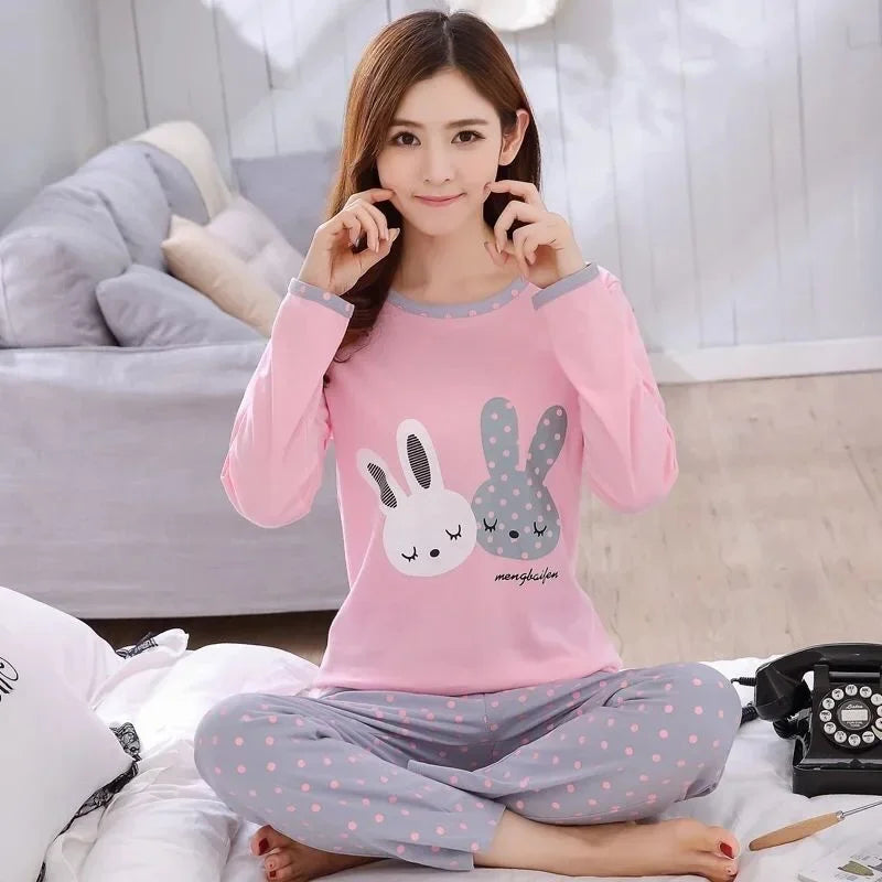Autumn Thin 2pieces Pyjamas Set Women Round Neck Girls Bear Pajamas Sets Teacup Cat Full Sleepwear Tops lovers Pajama Mujer