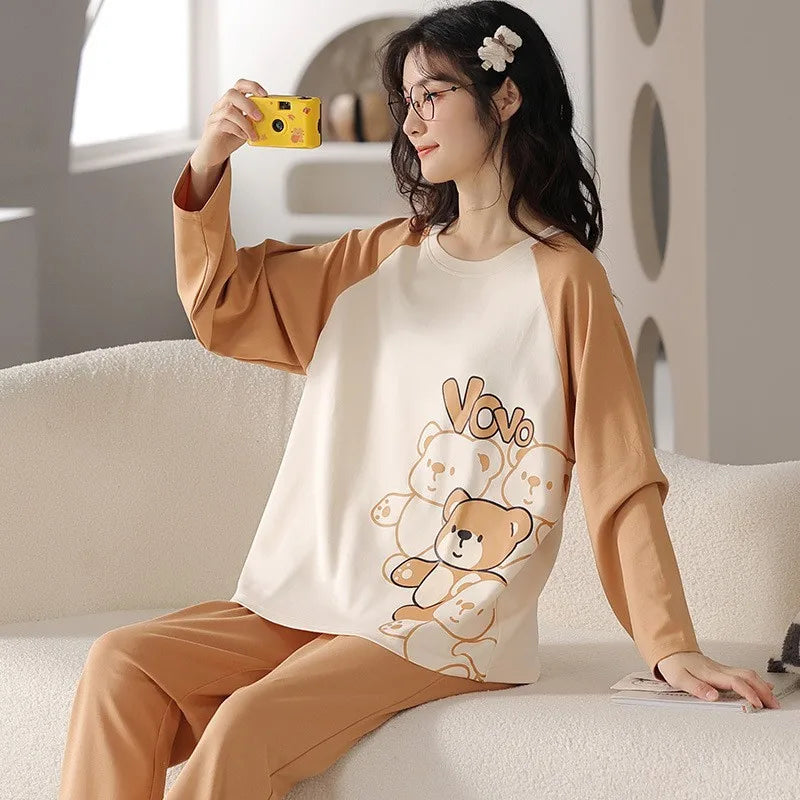 Women's Fall Winter Pajamas Women's Long-sleeved Pants Leisure Suit Women's Homewear Combed Cotton Cute Cartoon Homewear Suit Ms