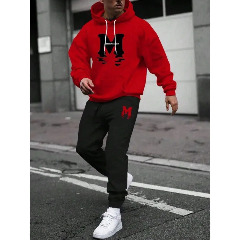 Fashionable cross-border winter new men's pullover hooded set, printed logo letters, loose-fitting hooded jacket