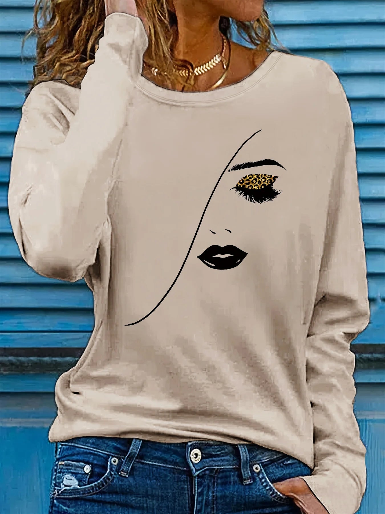 100% pure cotton women's spring and autumn comfortable casual long sleeved portrait print round neck T-shirt