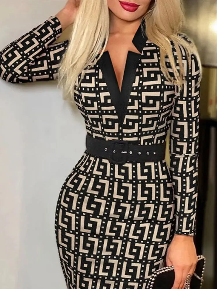 Sexy Geometric Pattern V-Neck Midi Pencil Dress with Belt - Long Sleeve Knit Bodycon for All Seasons