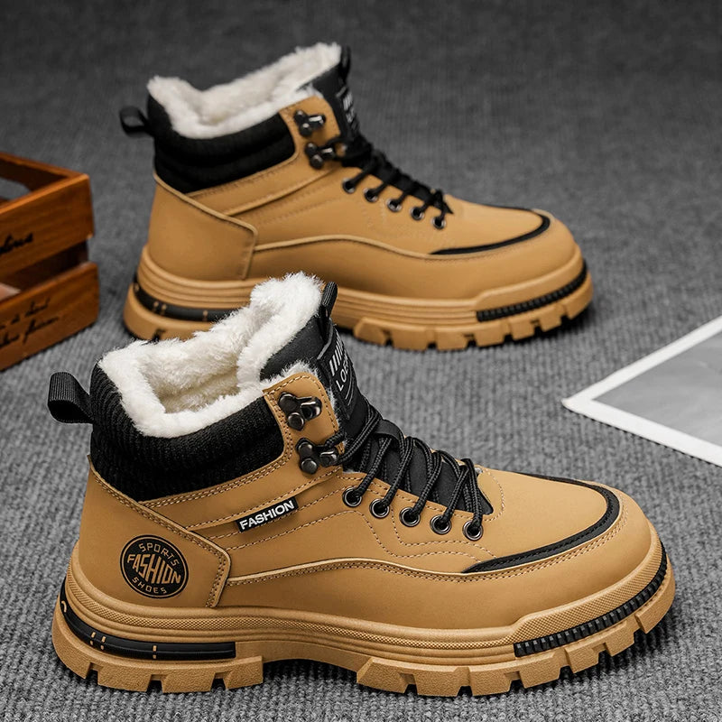 Men's Winter Fleece-Lined Warm High-Top Martin Boots, Thickened Cotton Shoes, Outdoor Non-Slip and Wear-Resistant Tooling Boots