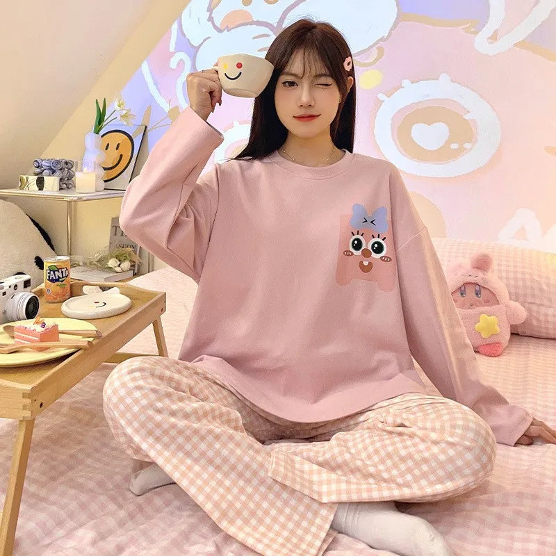 Women's Fall Winter Pajamas Women's Long-sleeved Pants Leisure Suit Women's Homewear Combed Cotton Cute Cartoon Homewear Suit Ms