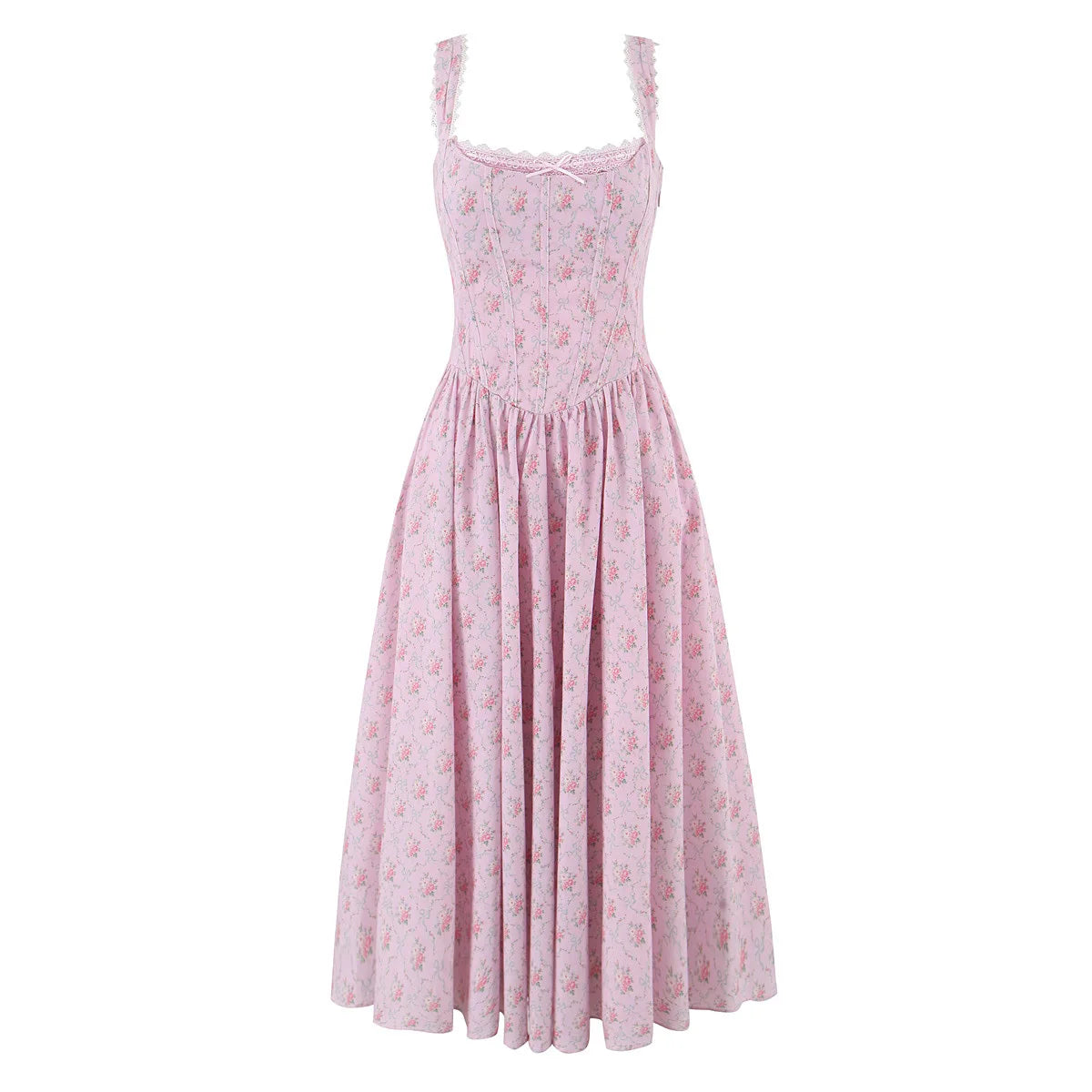 Elegant Women Pink Floral Print Sling Midi Long Dress Sexy Low Waist O Neck A-line Summer Dresses Chic Lady Vacation Party Robe