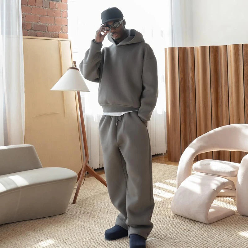 Men's Casual Solid Hooded Pullover Straight Pants 2 Piece Set Tracksuit For Fashion Loose Hoodies Sweatshirt Wide Leg Sweatpants