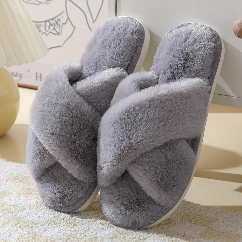 Women's Winter Open Toe House Slippers Fluffy Faux Fur Cross Strap Plush Slides Woman Solid Color Cozy Non Slip Indoor Slippers