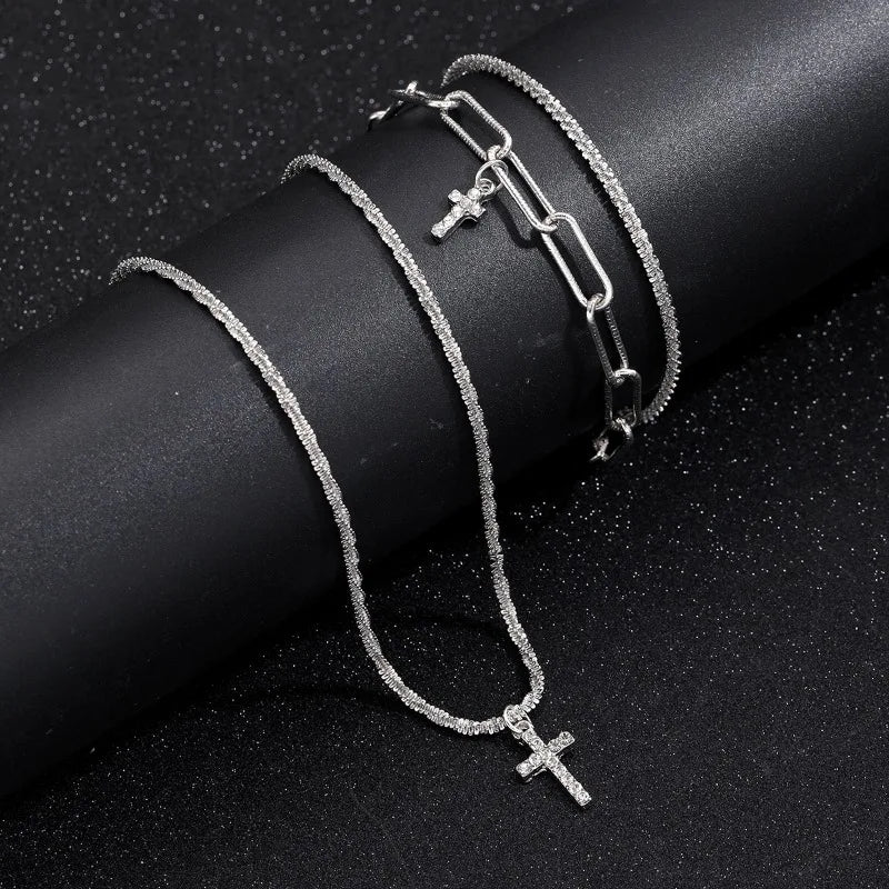 Sparkling 925 Sterling Silver Gypsophila Necklace Bracelet Set For Women Luxury Zircon Cross Pendant Three Piece Jewelry Set
