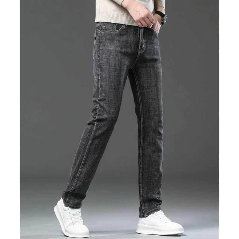 Autumn Winter Cotton Gray Mens Slim Fit Straight Jeans Business Casual Elastic All-match Fashion Pants Denim Trousers Male Brand