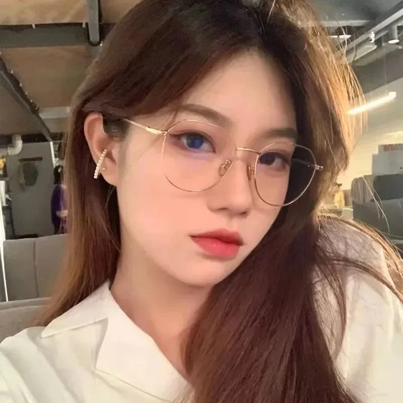 Clear Glasses Women Polygonal Metal Frame Eye Glasses 0 Flat Mirror Girls eyewear Anti Blue Light Glasses Fashion Eyeglasses