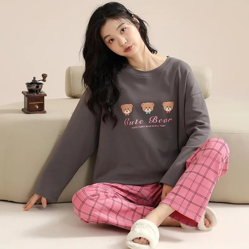 Women's Fall Winter Pajamas Women's Long-sleeved Pants Leisure Suit Women's Homewear Combed Cotton Cute Cartoon Homewear Suit Ms