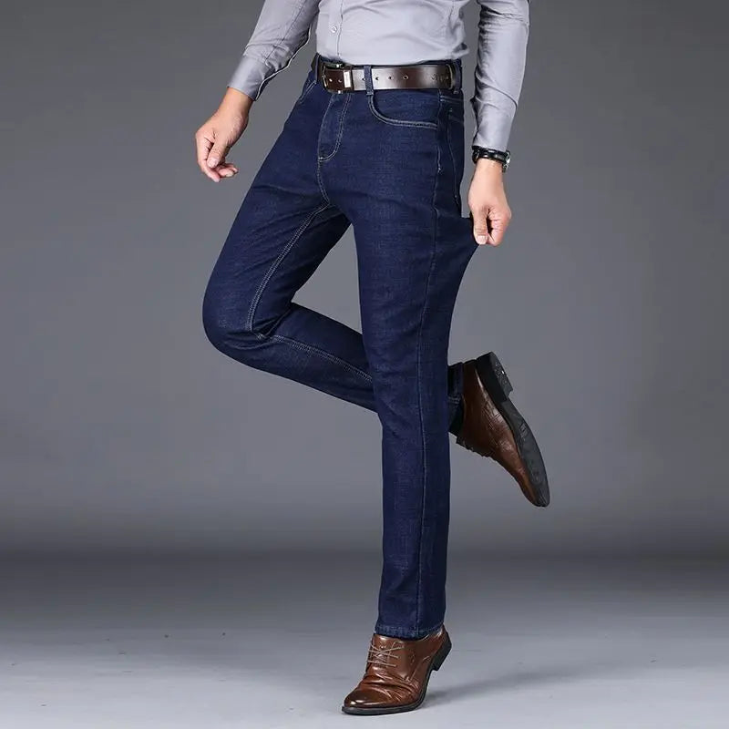 Autumn and Winter New Male Business Casual Stretch Trousers Concise Blue Denim Pants Men's Loose Straight Jeans Jeans for Man