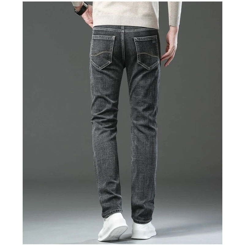 Autumn Winter Cotton Gray Mens Slim Fit Straight Jeans Business Casual Elastic All-match Fashion Pants Denim Trousers Male Brand