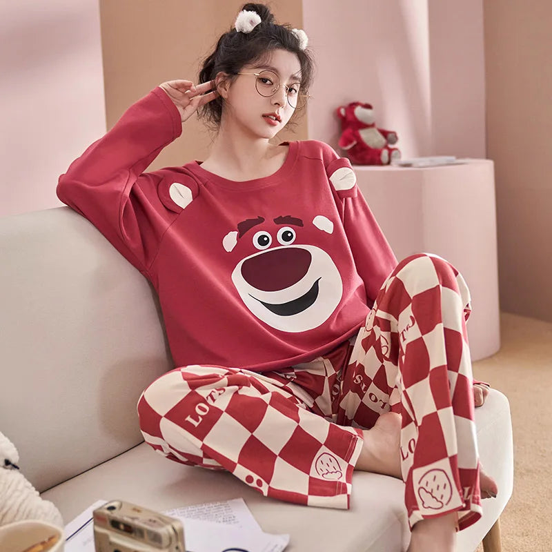 Women's Fall Winter Pajamas Women's Long-sleeved Pants Leisure Suit Women's Homewear Combed Cotton Cute Cartoon Homewear Suit Ms