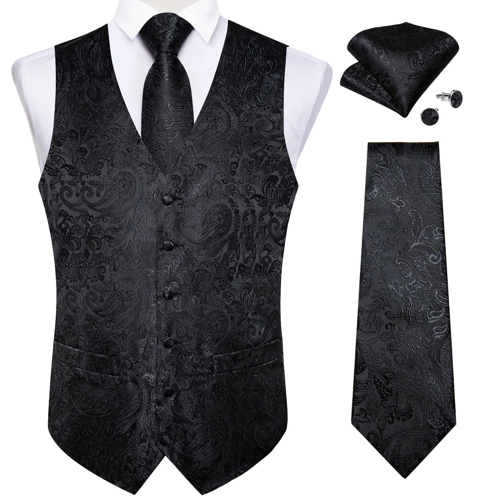 Luxury Paisley Men's Suit Vest Black Pink Red Wedding Prom Tuxedo Waistcoat Necktie Handkerchief Cufflink Sleeveless Jacket Vest