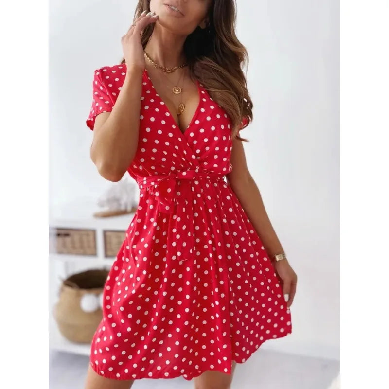 Women's Polka Dot Printed Short Sleeved Casual Dress Fashionable V-neck Belt Commuting Dress Holiday Party Women's Dress