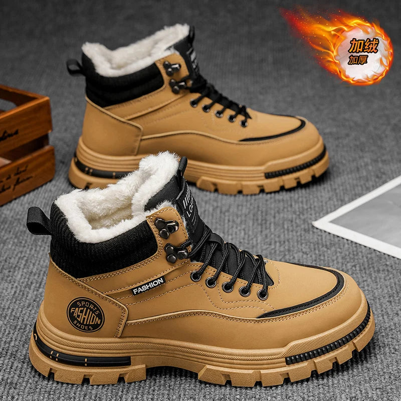 Men's Winter Fleece-Lined Warm High-Top Martin Boots, Thickened Cotton Shoes, Outdoor Non-Slip and Wear-Resistant Tooling Boots
