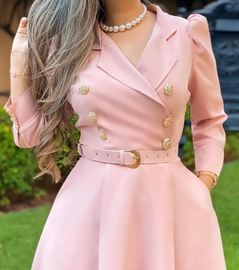 Dress for Women Autumn Fashion Versatile Casual Solid Button Long Lapel Pleated Strap Waistband Pullover Dresses Streetwear